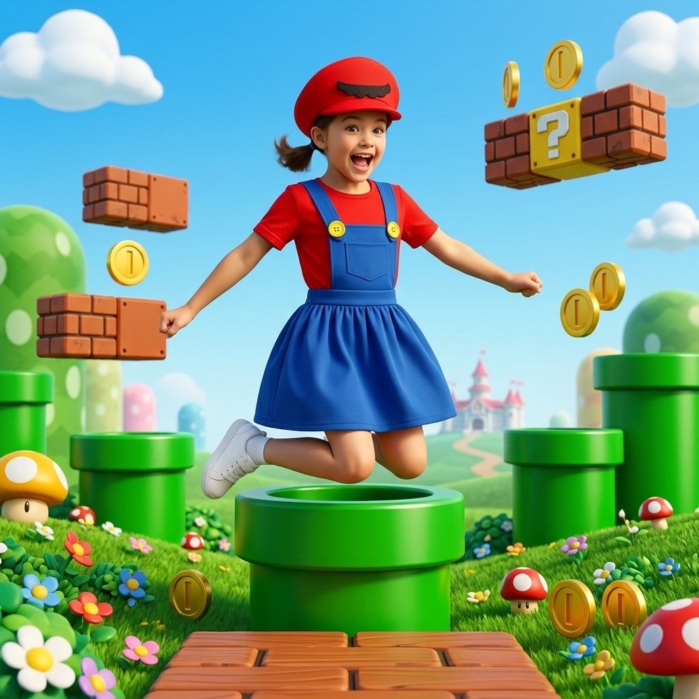 Super Mario Costume Dress Set with Hat Red Blue Kids Medium Halloween Cosplay
